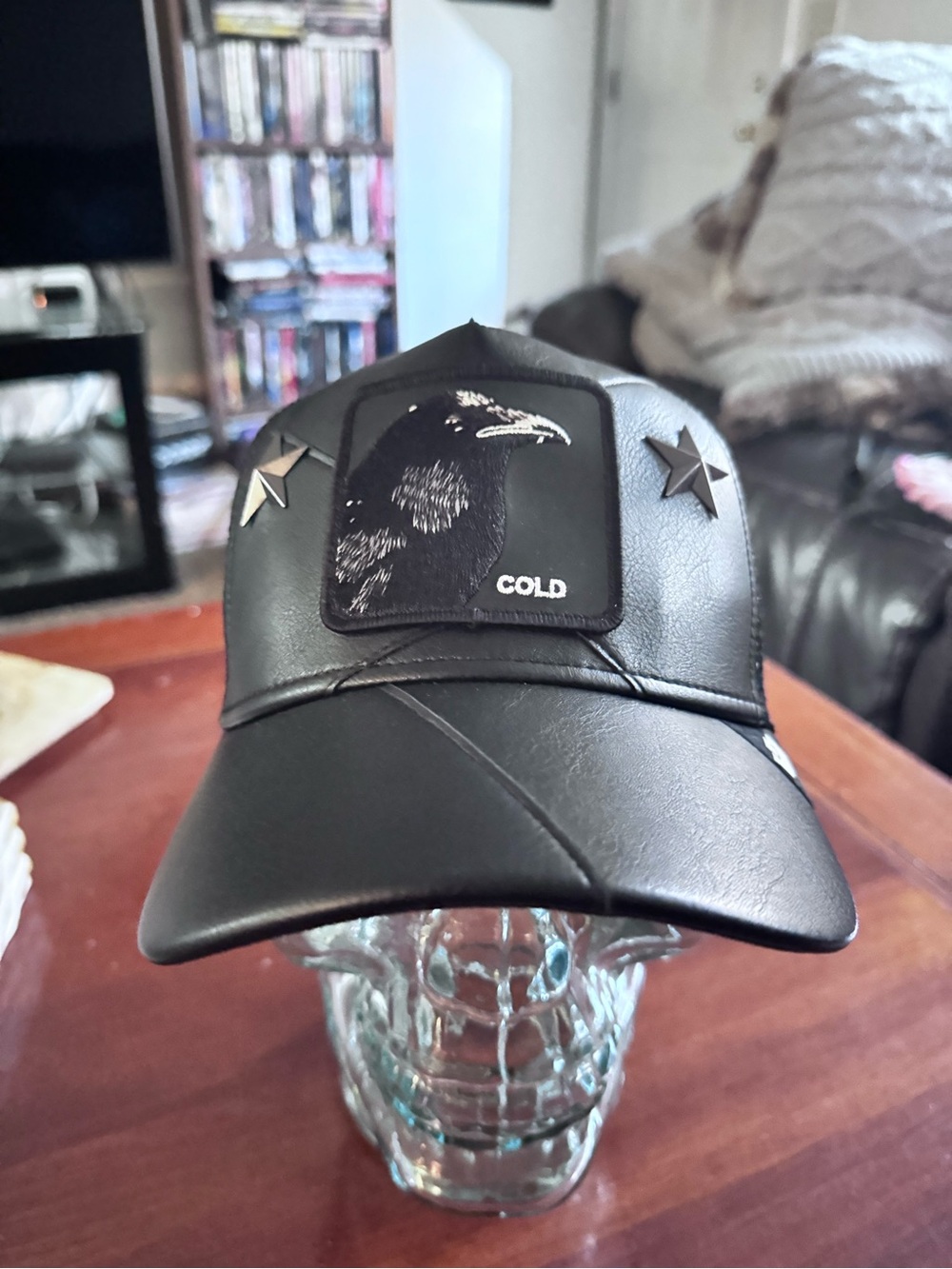 Goorin Bris “TOUGH BONES” Leather Trucker Hat. Cold Raven Patch. NWT